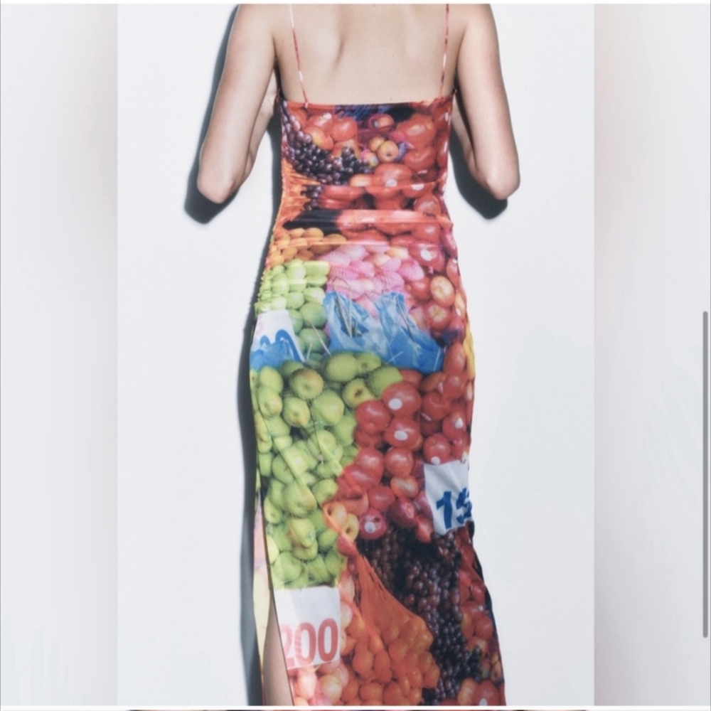 ZARA WATERCOLOR VIBRANT FLORAL FRUIT PRINT MESH MIDI SHEATH SLIP DRESS Size S - Picture 3 of 14